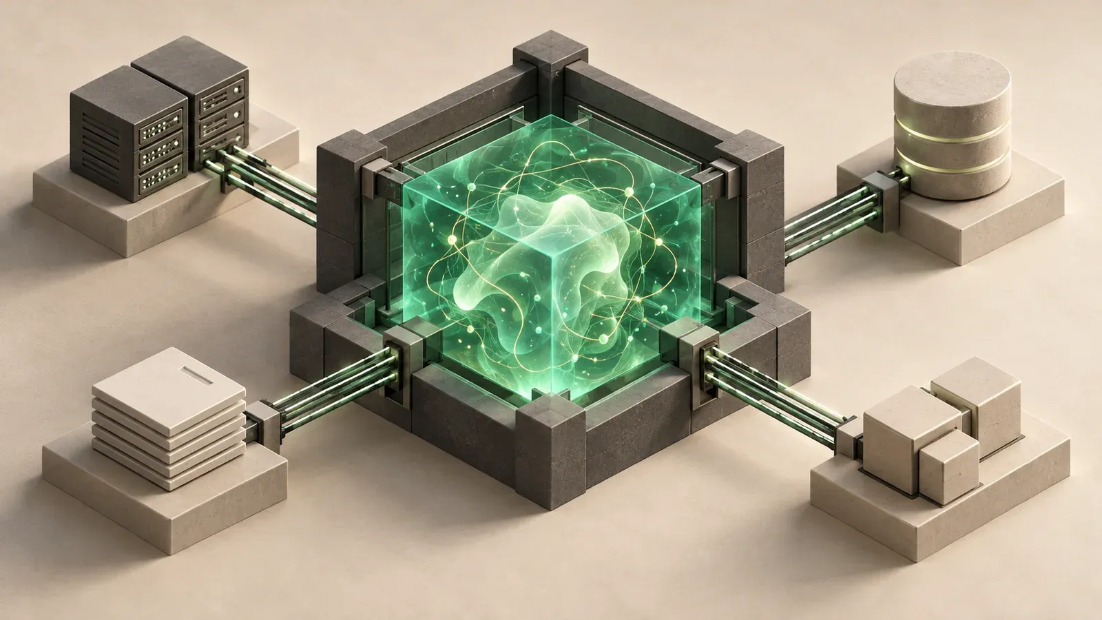 An irregular emerald AI module contained within a stable charcoal framework and connected to structured software components.