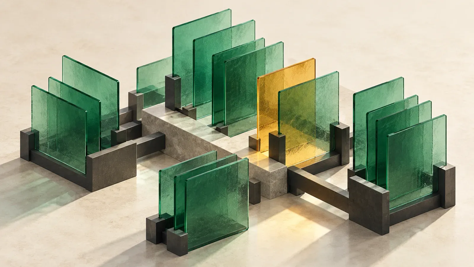 Emerald glass sheets arranged like source documents in charcoal supports, with one amber sheet highlighting evidence that needs scrutiny.