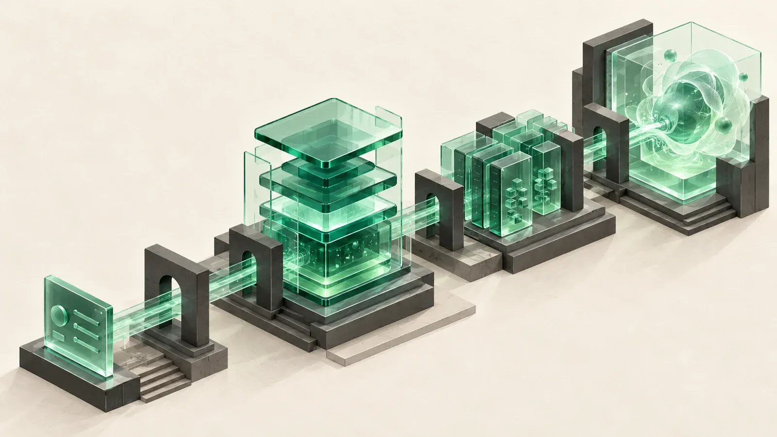 Interconnected emerald glass structures and charcoal gateways representing the layers between an interface, application backend, data, and an AI model.
